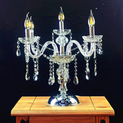 Wdw Genuine K9 Clear Crystal 5-Arm Silver Chrome Chandelier Table Lamp - E14 - image 1