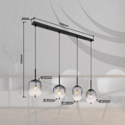 Luminosa Lighting Luminosa Attila Bar Pendant Ceiling Light Matt Black Smoke Glass Shade 4X E14 - thumbnail 9
