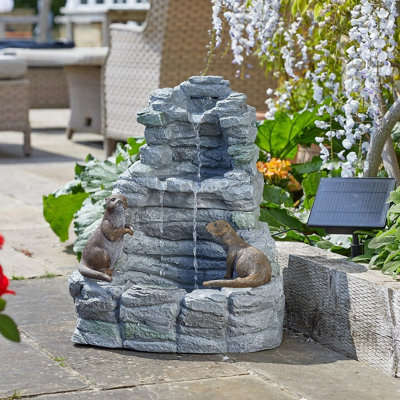 Hybrid Powered Otter Falls Fountain - Solar & Battery Operated Hand Painted Resin Cascading Water Feature - H54 X W44.5 X D39Cm - image 1