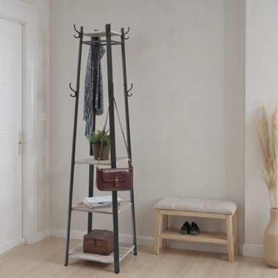 LEDREM Coat Rack, Coat Stand With 3 Shelves, Hall Tree Free Standing With Hooks, Steel Frame, For Entryway, Living Room, Greige And Black - image 1