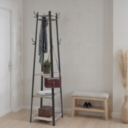 LEDREM Coat Rack, Coat Stand With 3 Shelves, Hall Tree Free Standing With Hooks, Steel Frame, For Entryway, Living Room, Greige And Black - thumbnail 1