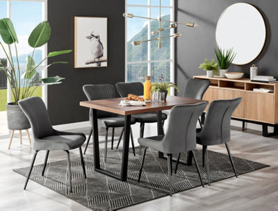 Furniturebox Kylo Brown Rectangular Wood Effect Dining Table & 6 Dark Grey Velvet Nora Black Leg Chairs - image 1