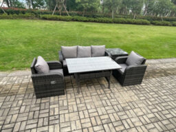 Fimous Wicker Rattan Garden Furniture Set Outdoor Rectangular Dining Table And Chair Sofa Set With Side Table - thumbnail 2