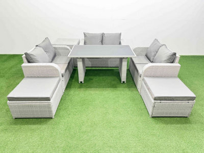 Fimous 8 Seater Patio Garden Furniture Sets With Black Glass Top Dining Table Love Sofa Side Table 2 Big Stool Light Grey - image 1