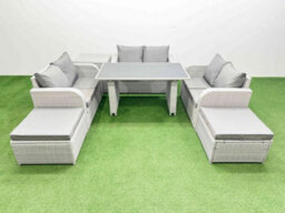 Fimous 8 Seater Patio Garden Furniture Sets With Black Glass Top Dining Table Love Sofa Side Table 2 Big Stool Light Grey - thumbnail 1