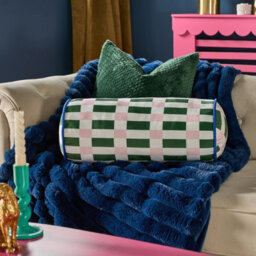 Ohs Checkerboard Matte Velvet Bolster Pillow Soft Cylindrical Cushion - Green/pink