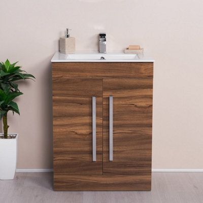 Rinse Bathrooms Walnut 600mm Bathroom Vanity Unit & Basin Cabinet Soft Closing 2 Doors Sink Storage Furniture Hinges - image 1