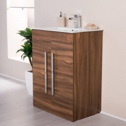 Rinse Bathrooms Walnut 600mm Bathroom Vanity Unit & Basin Cabinet Soft Closing 2 Doors Sink Storage Furniture Hinges - thumbnail 2