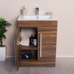 Rinse Bathrooms Walnut 600mm Bathroom Vanity Unit & Basin Cabinet Soft Closing 2 Doors Sink Storage Furniture Hinges - thumbnail 3