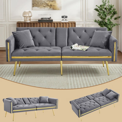 Matteo Two-Seater Velvet Sofa Bed With Adjustable Backrest And Cup Holders - Grey - image 1
