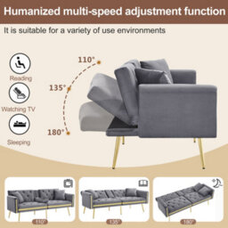 Matteo Two-Seater Velvet Sofa Bed With Adjustable Backrest And Cup Holders - Grey - thumbnail 4