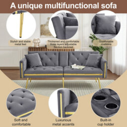 Matteo Two-Seater Velvet Sofa Bed With Adjustable Backrest And Cup Holders - Grey - thumbnail 7
