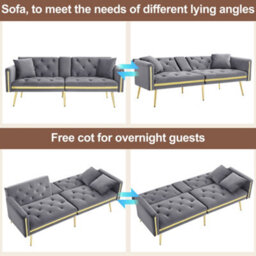 Matteo Two-Seater Velvet Sofa Bed With Adjustable Backrest And Cup Holders - Grey - thumbnail 3