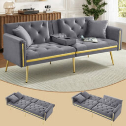 Matteo Two-Seater Velvet Sofa Bed With Adjustable Backrest And Cup Holders - Grey - thumbnail 2