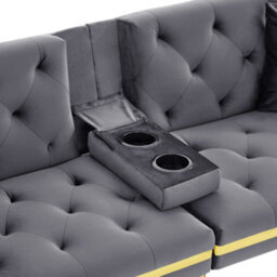 Matteo Two-Seater Velvet Sofa Bed With Adjustable Backrest And Cup Holders - Grey - thumbnail 9