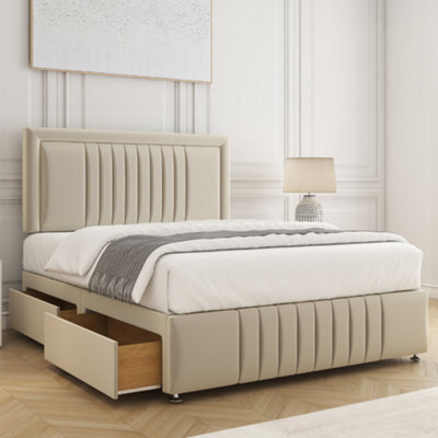Bsspoke Lily Divan Bed Set Cream Plush Velvet 24Inch Headboard & Footboard & 2 Drawers Same Side & Mattress In All Sizes - image 1