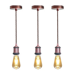 Vintage E27 Pendant Light Fitting  Copper Hanging Ceiling Lamp Kit With Twisted Fabric 2M Cable Pack Of 3 - thumbnail 1