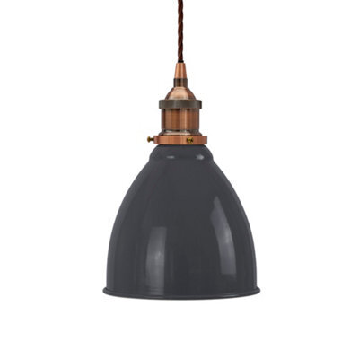 Slate Grey Classic Small Pantry Metal Painted Dome Pendant Light With Antique Copper Lamp Holder And Brown Twisted Cable - Se Home - image 1