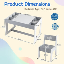 Gainoom Multifunctional Kids Grey Table & 2 Chairs Set Wooden Activity Table For Children With Removable Double-Sized Tabletop - thumbnail 2