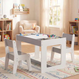 Gainoom Multifunctional Kids Grey Table & 2 Chairs Set Wooden Activity Table For Children With Removable Double-Sized Tabletop - thumbnail 3