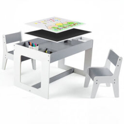 Gainoom Multifunctional Kids Grey Table & 2 Chairs Set Wooden Activity Table For Children With Removable Double-Sized Tabletop
