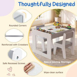Gainoom Multifunctional Kids Grey Table & 2 Chairs Set Wooden Activity Table For Children With Removable Double-Sized Tabletop - thumbnail 5