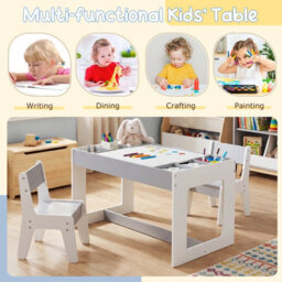Gainoom Multifunctional Kids Grey Table & 2 Chairs Set Wooden Activity Table For Children With Removable Double-Sized Tabletop - thumbnail 9