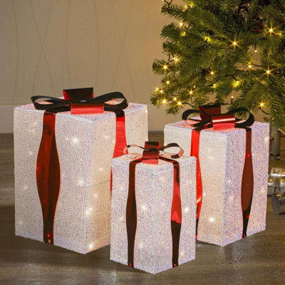 Tall Light-Up Christmas Gift Boxes With Red Ribbon, Battery-Powered, Festive Decoration - image 1