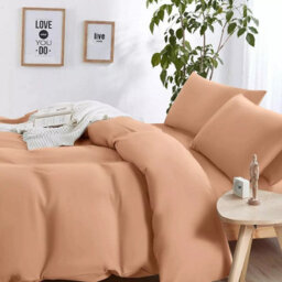 Ameha Plain Dyed Duvet Cover Complete Set With Matching Fitted Sheet & Pillowcase Microfiber Super King Peach - thumbnail 4