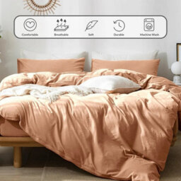 Ameha Plain Dyed Duvet Cover Complete Set With Matching Fitted Sheet & Pillowcase Microfiber Super King Peach - thumbnail 2