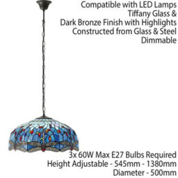 Tiffany Glass Hanging Ceiling Pendant Light Blue Dragonfly 3 Lamp Shade I00110 - thumbnail 2