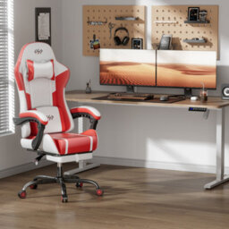 Massage Gaming Chair With Footrest, Headrest & Lumbar Support, Height Adjustable For Home, White Red - thumbnail 2