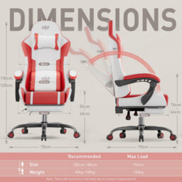 Massage Gaming Chair With Footrest, Headrest & Lumbar Support, Height Adjustable For Home, White Red - thumbnail 3