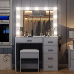 Fusou 94Cm Vanity Desk With Led Mirror, 5 Drawers Makeup Dressing Table With Charging Station & Stool, White - thumbnail 5