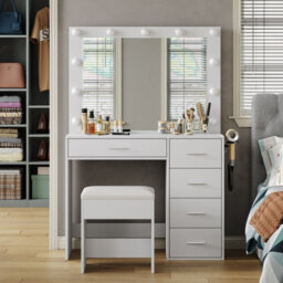 Fusou 94Cm Vanity Desk With Led Mirror, 5 Drawers Makeup Dressing Table With Charging Station & Stool, White - thumbnail 1