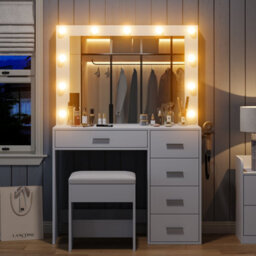 Fusou 94Cm Vanity Desk With Led Mirror, 5 Drawers Makeup Dressing Table With Charging Station & Stool, White - thumbnail 4