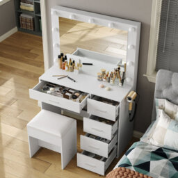 Fusou 94Cm Vanity Desk With Led Mirror, 5 Drawers Makeup Dressing Table With Charging Station & Stool, White - thumbnail 3