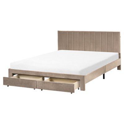 Beliani Bed With Storage Drawers Velvet Lonzac 160 X 200 Cm (Eu King Size) Taupe - image 1