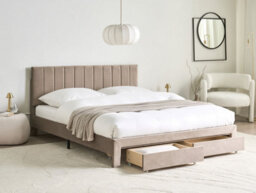 Beliani Bed With Storage Drawers Velvet Lonzac 160 X 200 Cm (Eu King Size) Taupe - thumbnail 2