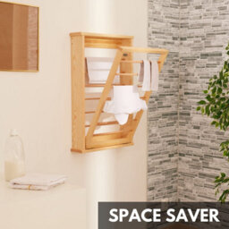 Novecrafto Natural Wall Mounted Wooden Clothes Drying Rack With Double Side Rails - Foldable And Space-Saving Clothes Airer - thumbnail 6