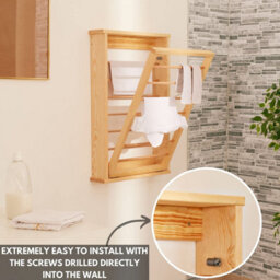 Novecrafto Natural Wall Mounted Wooden Clothes Drying Rack With Double Side Rails - Foldable And Space-Saving Clothes Airer - thumbnail 5