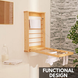 Novecrafto Natural Wall Mounted Wooden Clothes Drying Rack With Double Side Rails - Foldable And Space-Saving Clothes Airer - thumbnail 8