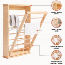 Novecrafto Natural Wall Mounted Wooden Clothes Drying Rack With Double Side Rails - Foldable And Space-Saving Clothes Airer - thumbnail 2