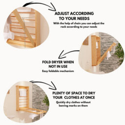 Novecrafto Natural Wall Mounted Wooden Clothes Drying Rack With Double Side Rails - Foldable And Space-Saving Clothes Airer - thumbnail 4