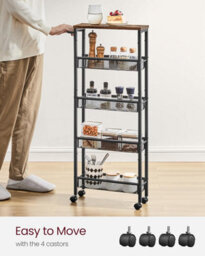Songmics Vasagle 5-Tier Cart, Portable Kitchen Trolley With Wheels, Compact Steel Frame, Multi-Purpose Cart, Rustic Brown And Black - thumbnail 4