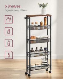 Songmics Vasagle 5-Tier Cart, Portable Kitchen Trolley With Wheels, Compact Steel Frame, Multi-Purpose Cart, Rustic Brown And Black - thumbnail 3