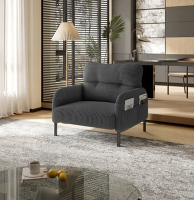 Matteo Corduroy Accent Chair - Comfortable Single Seater With Side Storage, Gray - image 1