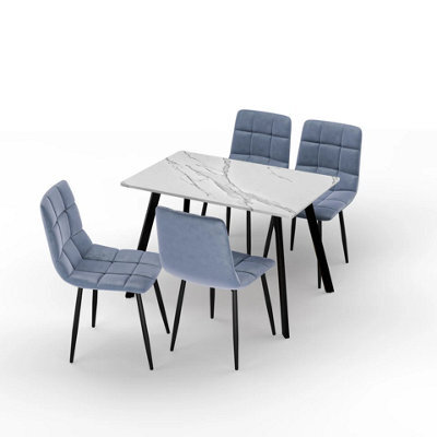 Urbn-Living Urbn Living 110Cm Dining Table & 4 Pcs Velvet Chairs Set Modern Metal Kitchen Furniture White Marbletable And Madison Blue Chair - image 1