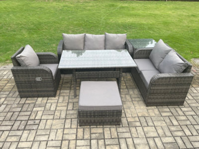 Fimous 7 Seater Garden Rattan Furniture Dining Table Sofa Set Indoor Outdoor With Reclining Chairs Big Footstool Side Table - image 1
