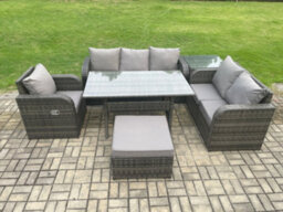 Fimous 7 Seater Garden Rattan Furniture Dining Table Sofa Set Indoor Outdoor With Reclining Chairs Big Footstool Side Table - thumbnail 1